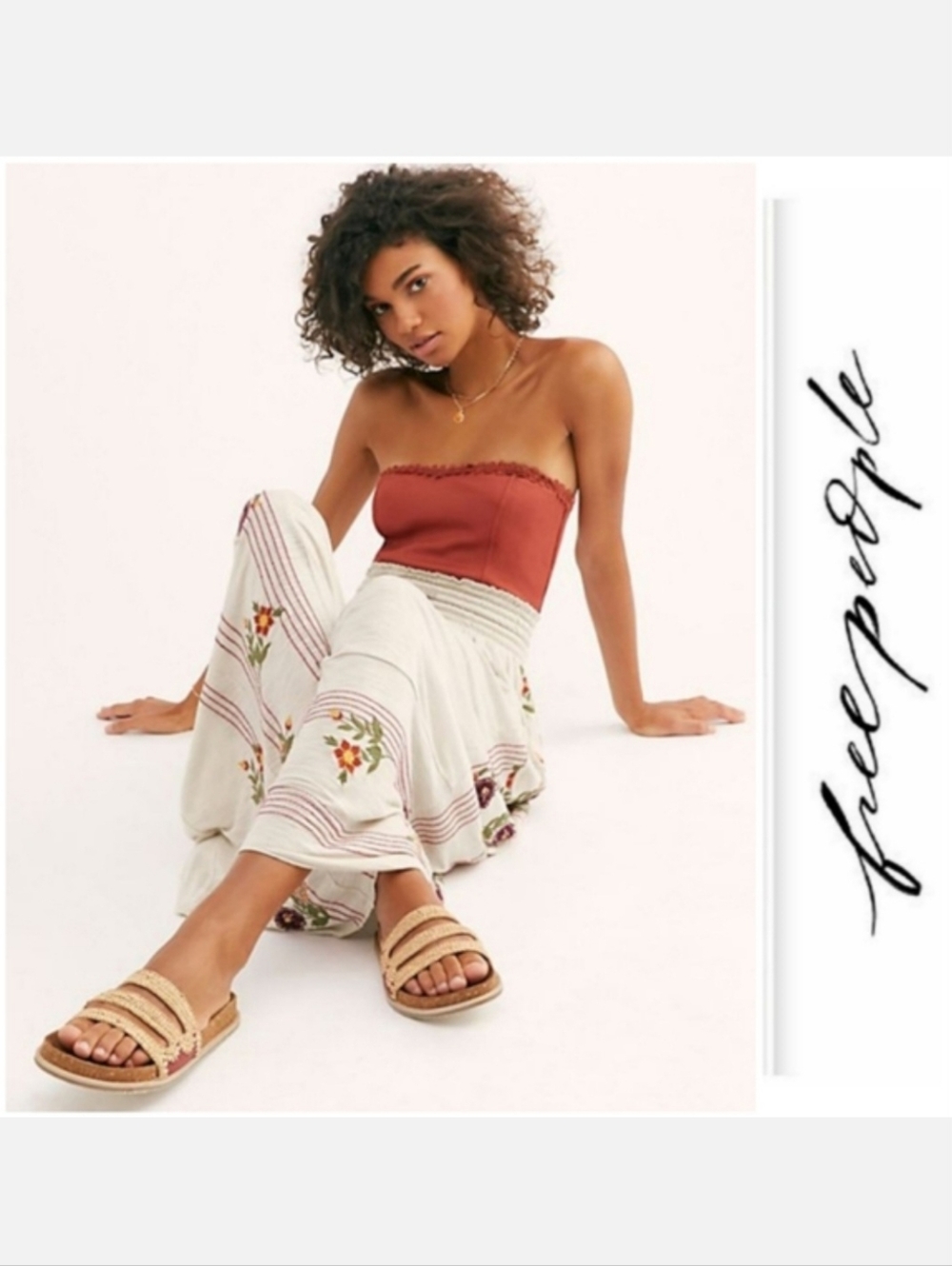 FREE PEOPLE Crete Footbed Sandals In Chili Pepper & Natural Raffia Slip-On SZ 38